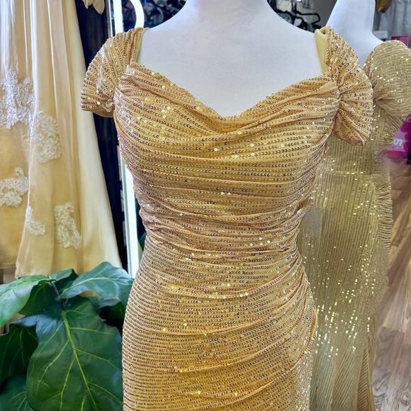 Gold Sequin Super Sexy Maxi Gown Ruched Draped Formal Coquette Dress Train S M - Picture 5 of 11
